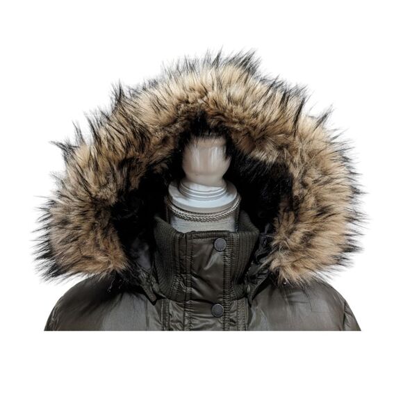 Land's End Knee Length Parka Quilted Puffer Faux Fur Hood Belted L 14-16 Olive - Picture 3 of 11